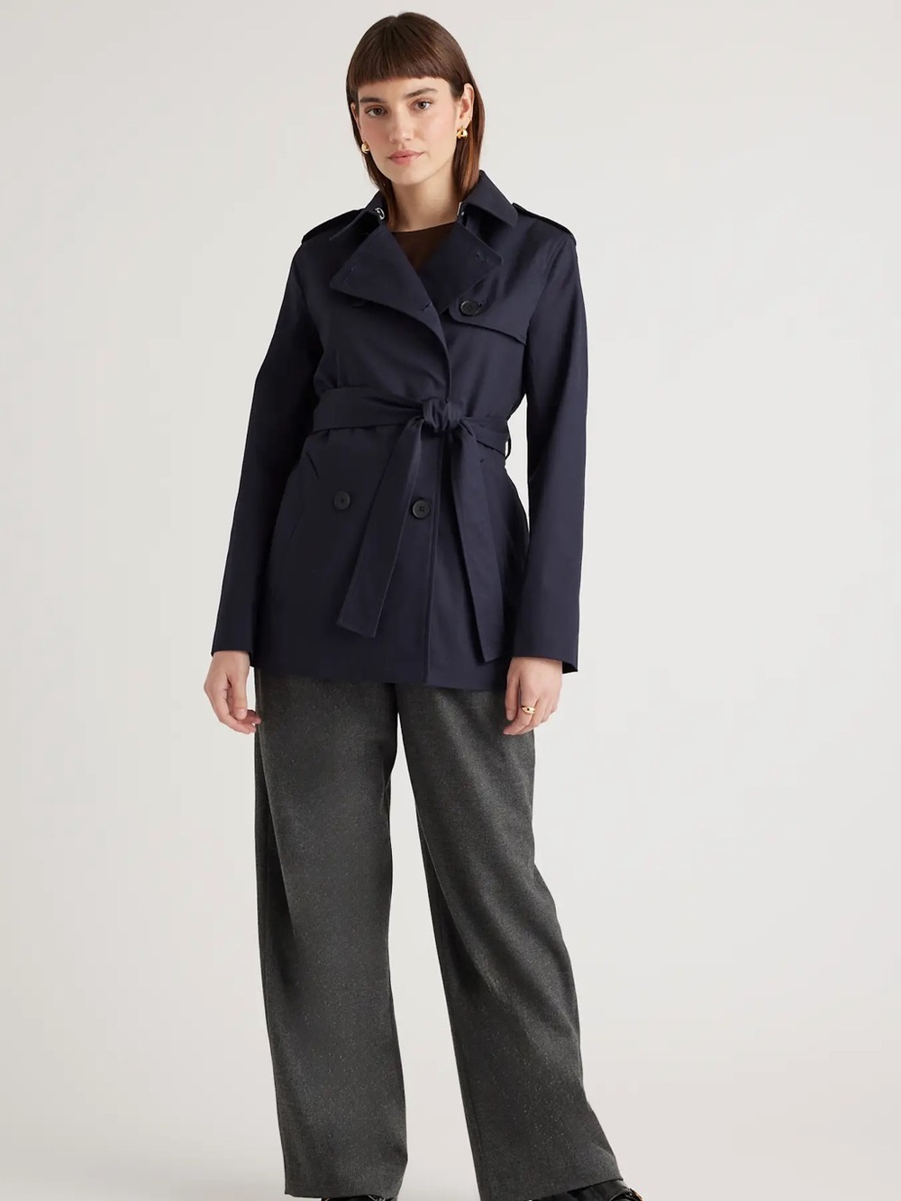NWT QUINCE Classic Comfort Stretch Short Trench Coat Navy XS 9568 - Picture 5 of 11